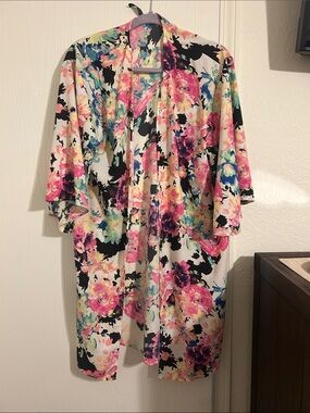 Floral Open Front Kimono - Pink, Black & Aqua